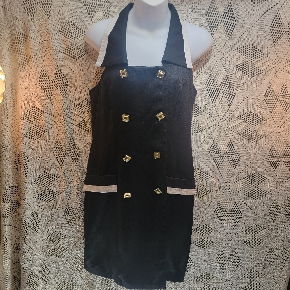 Scarlett International size 9/10 sleeveless black & white dress w/ gold buttons